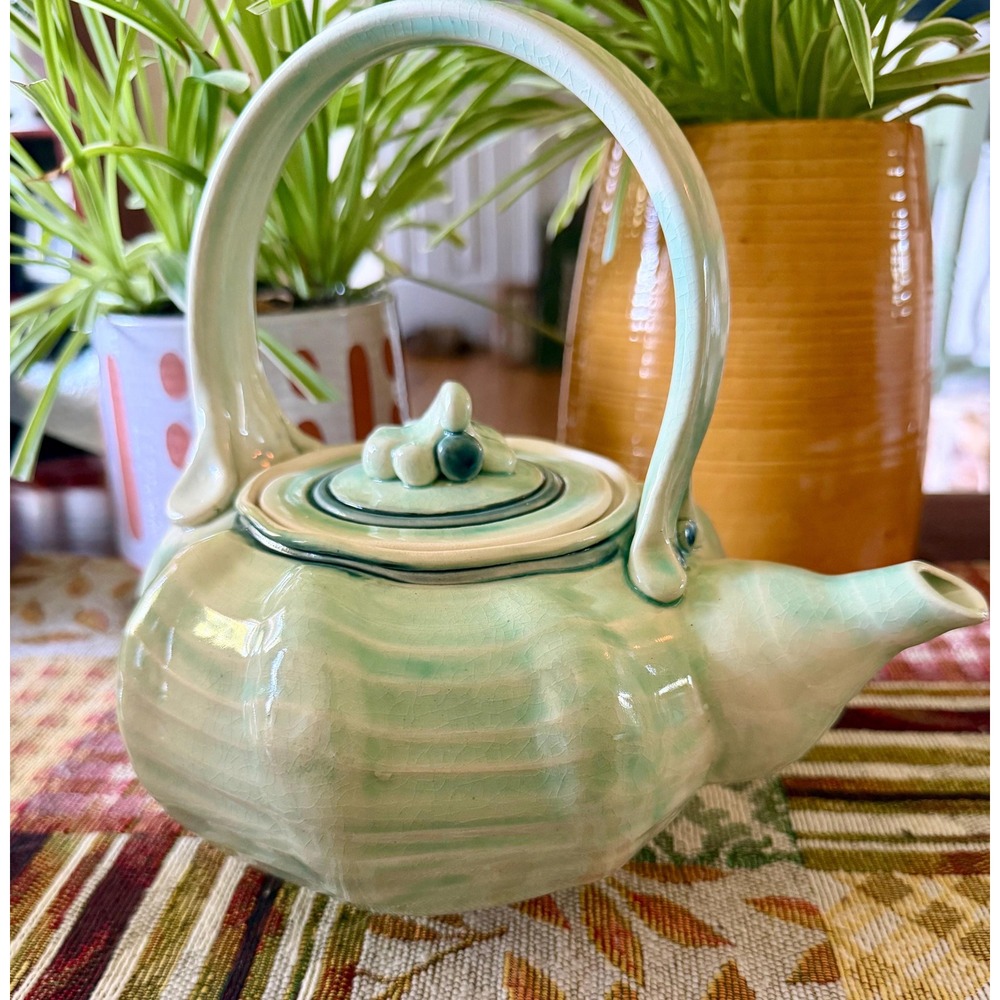 Mindy Chaffin Studio Pottery Teapot, Celadon Green Crackle Glaze, Organic Form